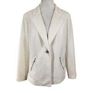Chico's Textured Blazer Size 2 Womens Large Soft White One Button Zipper Pockets